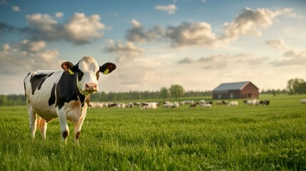 A serene farm landscape featuring a cow standing in a lush green field, with a barn and a herd in the background under a beautiful sky.