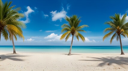 New Beach with Palm Trees and Blue Sky Creating a Scenic and Relaxing Vacation Getaway for Tranquil Coastal Living