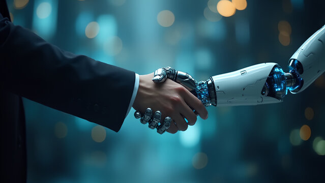 Digital robot handshake human background futuristic digital age robot science digital technology business hand robot handshake artificial intelligence digital transformation