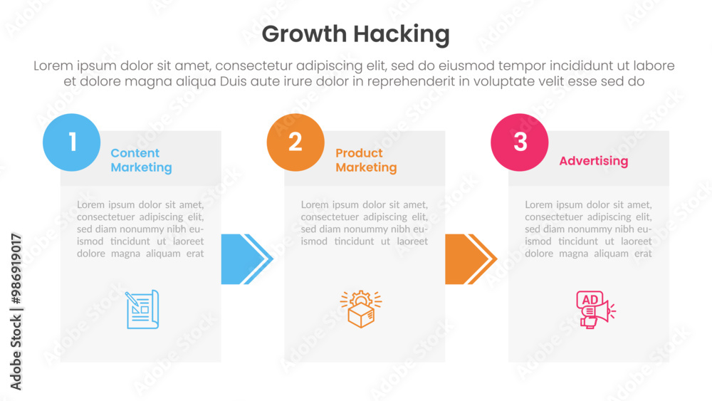 Poster growth hacking infographic 3 point with box information and arrow direction for slide presentation