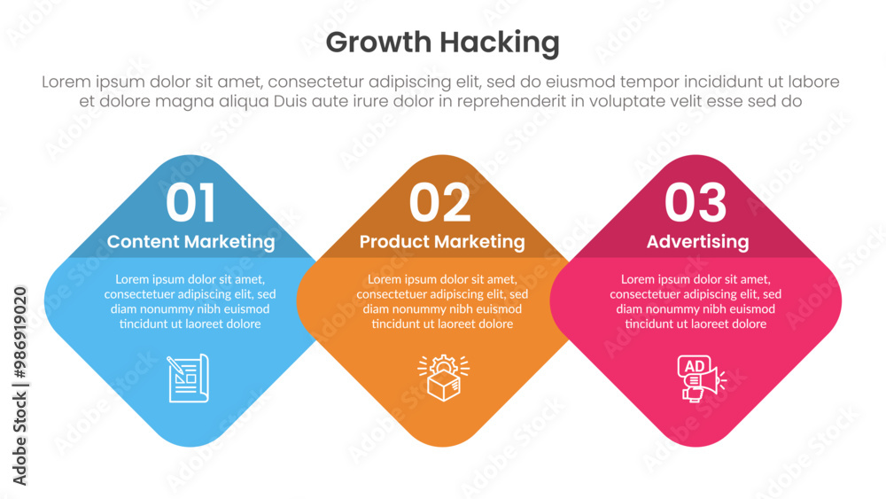 Poster growth hacking infographic 3 point with round diamond on horizontal direction for slide presentation