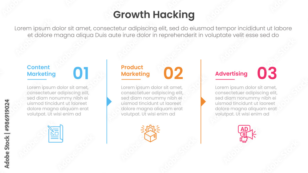 Poster growth hacking infographic 3 point with column separation with arrow outline for slide presentation