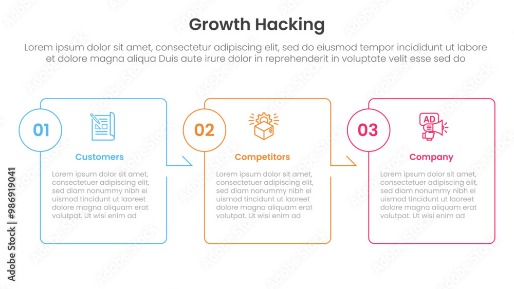 Poster growth hacking infographic 3 point with box outline table arrow right direction for slide presentati