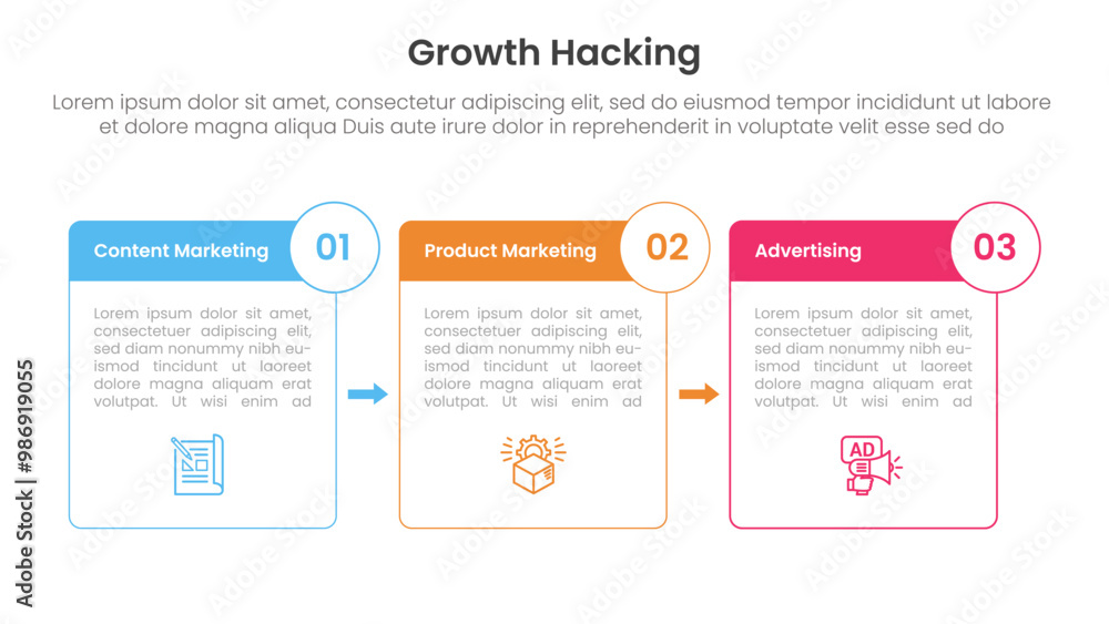 Poster growth hacking infographic 3 point with box outline and badge arrow for slide presentation