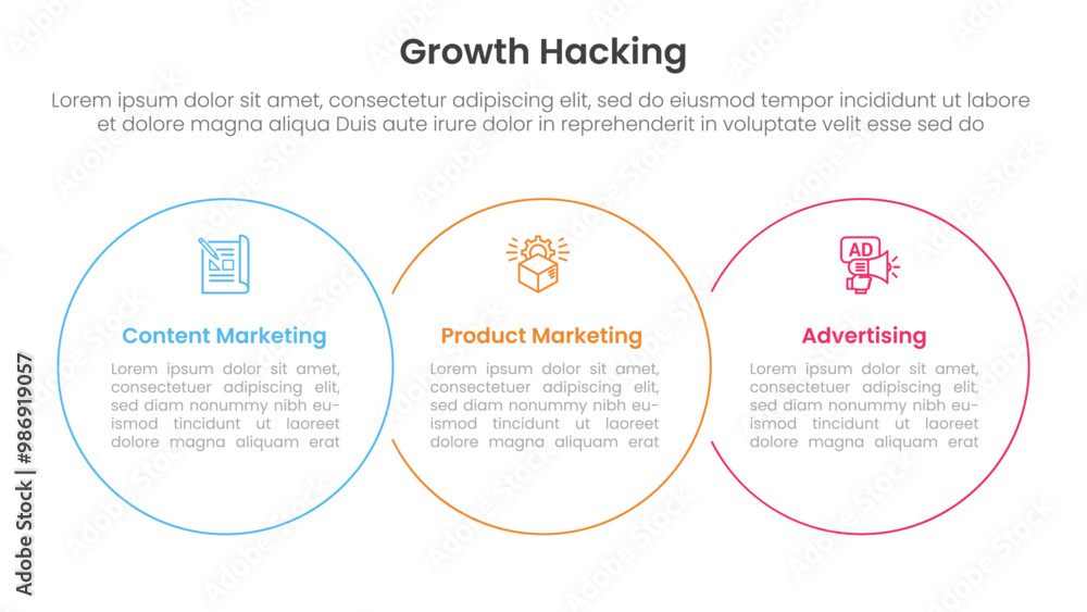 Poster growth hacking infographic 3 point with big circle outline union horizontal for slide presentation