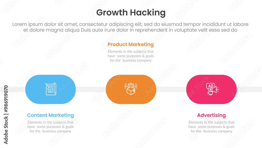 Poster growth hacking infographic 3 point with round shape timeline horizontal for slide presentation