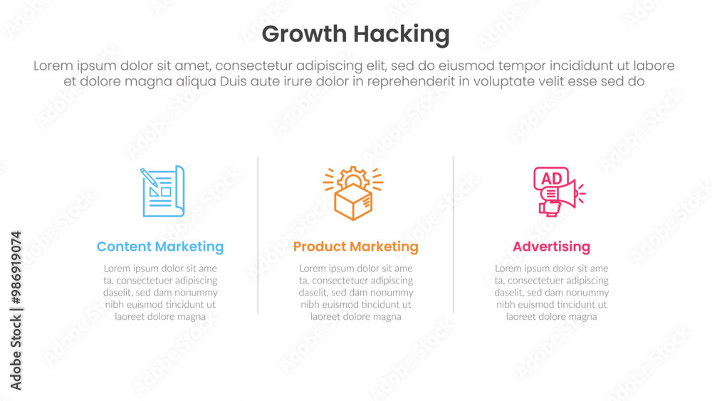 Poster growth hacking infographic 3 point with horizontal clean information with line divider for slide pre
