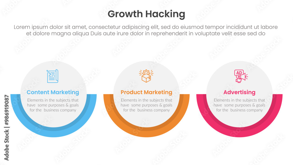 Poster growth hacking infographic 3 point with big circle horizontal layout for slide presentation