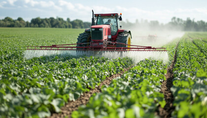 Fototapeta premium Tractor spraying pesticides on soybean field with farmer driving