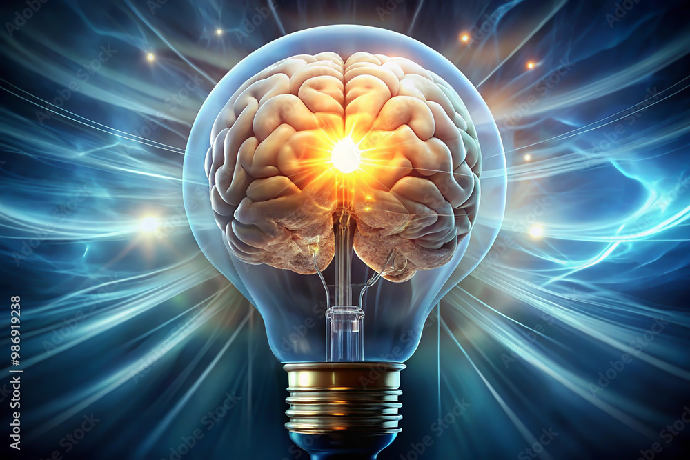Poster brain inside lightbulb with glowing light bulb. 3d rendering light bulb with glowing brain inside. i