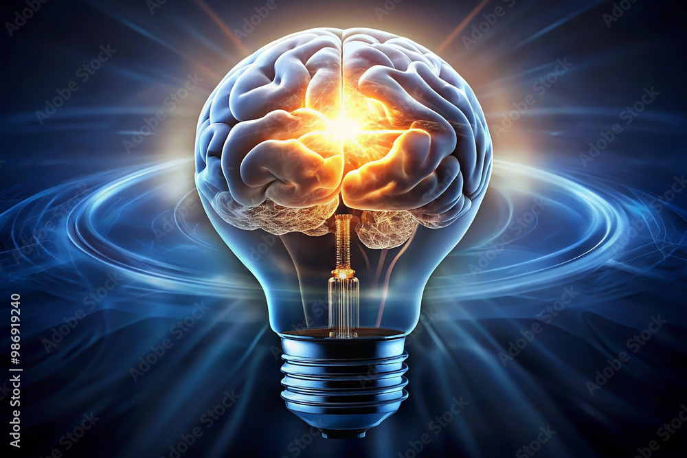 Poster brain inside lightbulb with glowing light bulb. 3d rendering light bulb with glowing brain inside. i