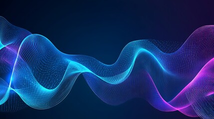 Abstract wavy background with glowing blue and pink lines on dark blue background.