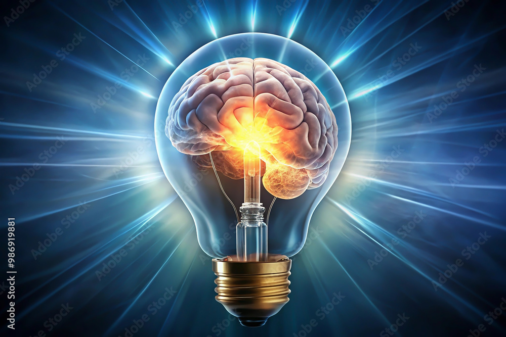 Poster brain inside lightbulb with glowing light bulb. 3d rendering light bulb with glowing brain inside. i