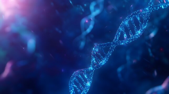 Futuristic 3D background with a DNA helix and gene structures, showcasing a blue, abstract science and biotechnology theme.