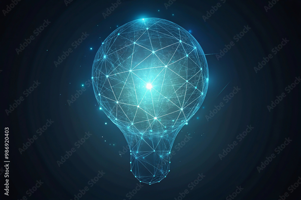 Poster glowing light bulb on a black background representing innovation and creativity , abstract polygonal