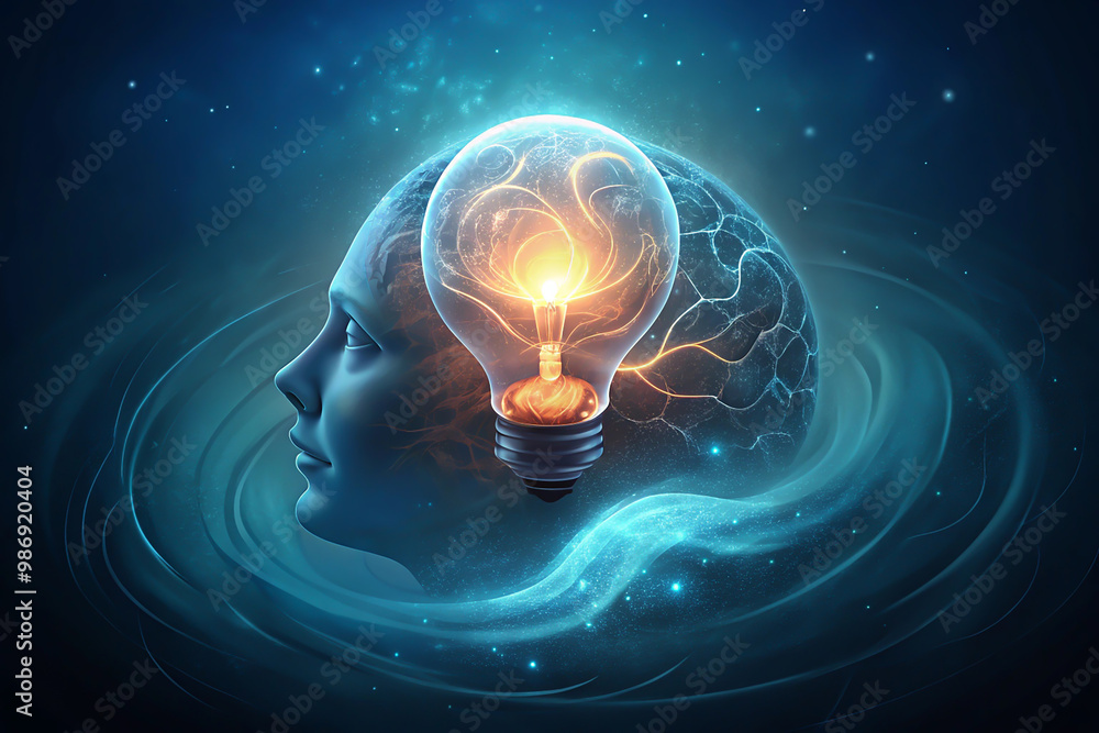 Poster conceptual image of human head with glowing lightbulb instead of head