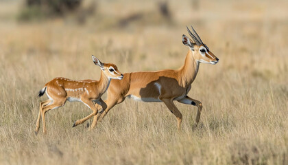 Mother and baby gazelle running through grassland