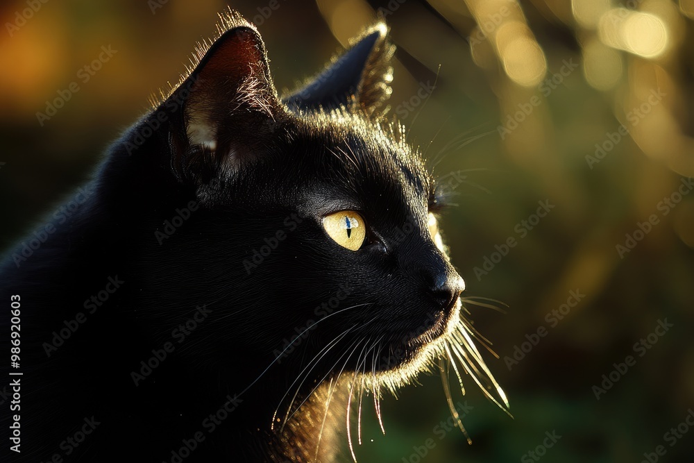 Wall mural Close-up Portrait of a Black Cat with Golden Eye