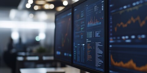 Close-up view of multiple monitors displaying financial data, graphs, and charts in a modern workspace setting.