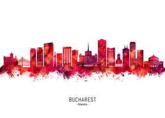 Obraz premium Bucharest Romania Skyline Red
