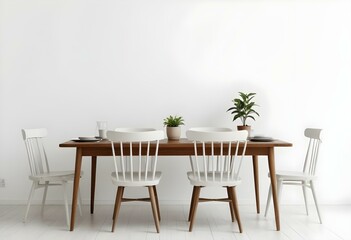 Fototapeta premium A wooden dining table with four chairs, a potted plant, and a simple white wall background.