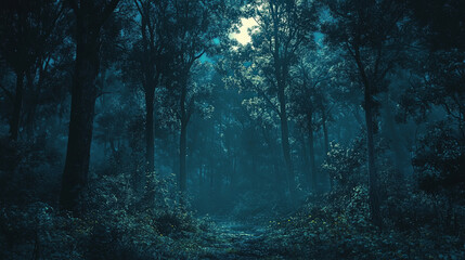 Fototapeta premium dense forest under moonlight creates enchanting and mysterious atmosphere, with shadows dancing among trees and foliage. serene beauty invites exploration and wonder