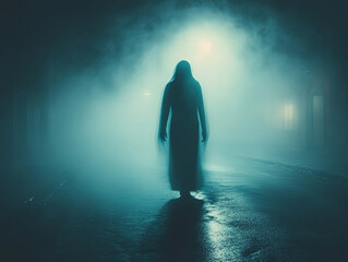 Obraz premium shadowy figure stands in foggy street, creating eerie atmosphere. mist envelops scene, enhancing mysterious and haunting vibe of moment