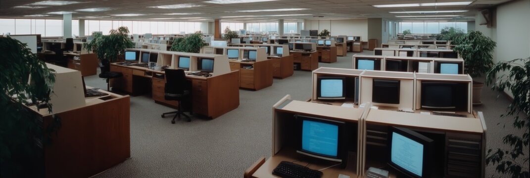 Wide shot of a vintage office featuring rows of cubicles with desktops, highlighting an old-fashioned work style.