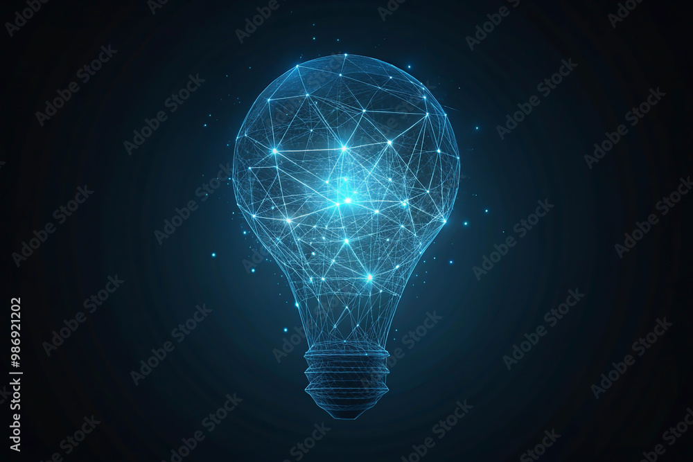 Poster glowing light bulb on a black background representing innovation and creativity , abstract polygonal
