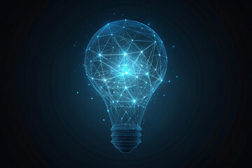 Glowing light bulb on a black background representing innovation and creativity  , Abstract polygonal light bulb on dark blue background. Artificial intelligence concept. 3D Rendering
