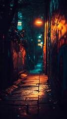 Fototapeta premium dark alley at night illuminated by streetlights, featuring vibrant graffiti on walls. wet pavement reflects colorful lights, creating moody and atmospheric scene