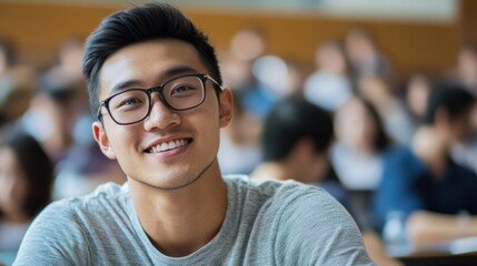 Obraz premium Smiling young Asian male taking notes during a lecture or seminar, engaged in learning and education.