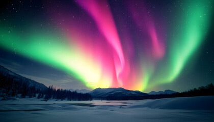 The Northern Lights illuminating the night sky with shades of green, pink, and purple over a snow-covered landscape