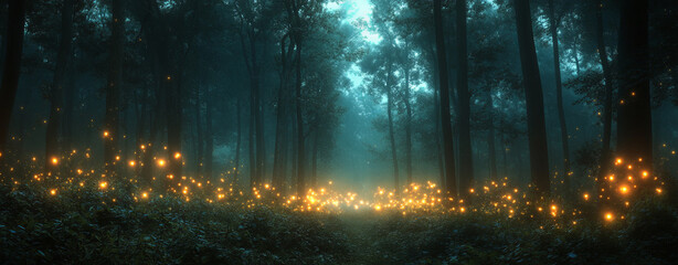 serene enchanted forest at night, illuminated by faint glow from magical lights among trees. atmosphere is mystical and tranquil, inviting exploration