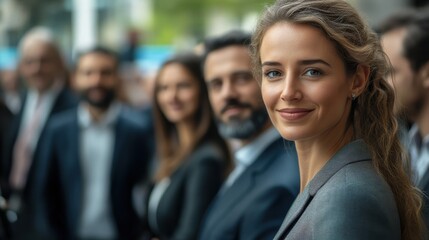 Professional Woman Smiling in Busy Business Environment