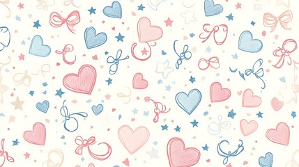 Seamless pattern with pink, blue, and beige hearts, stars, and bows on a white background.