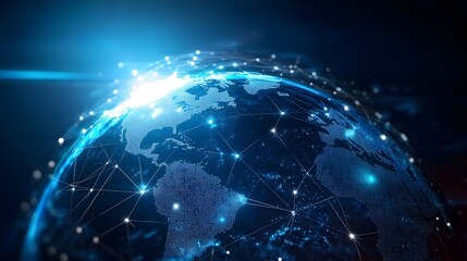Fototapeta premium Global network on earth globe, emphasizing world finance connectivity, business trading, and telecommunications.