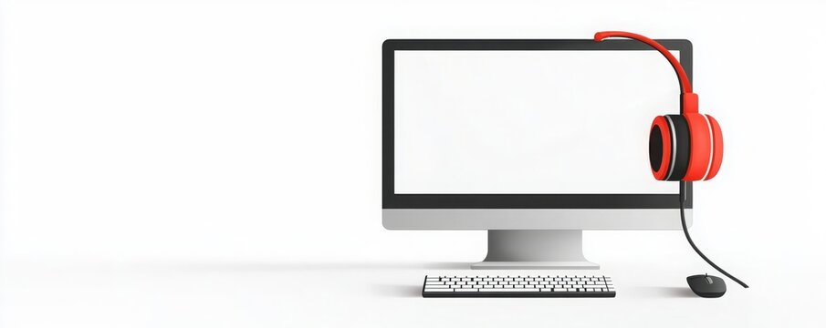 IT support Helpdesk Cybersecurity A technical support icon, headset and computer, minimalistic vector illustration, isolated on white background