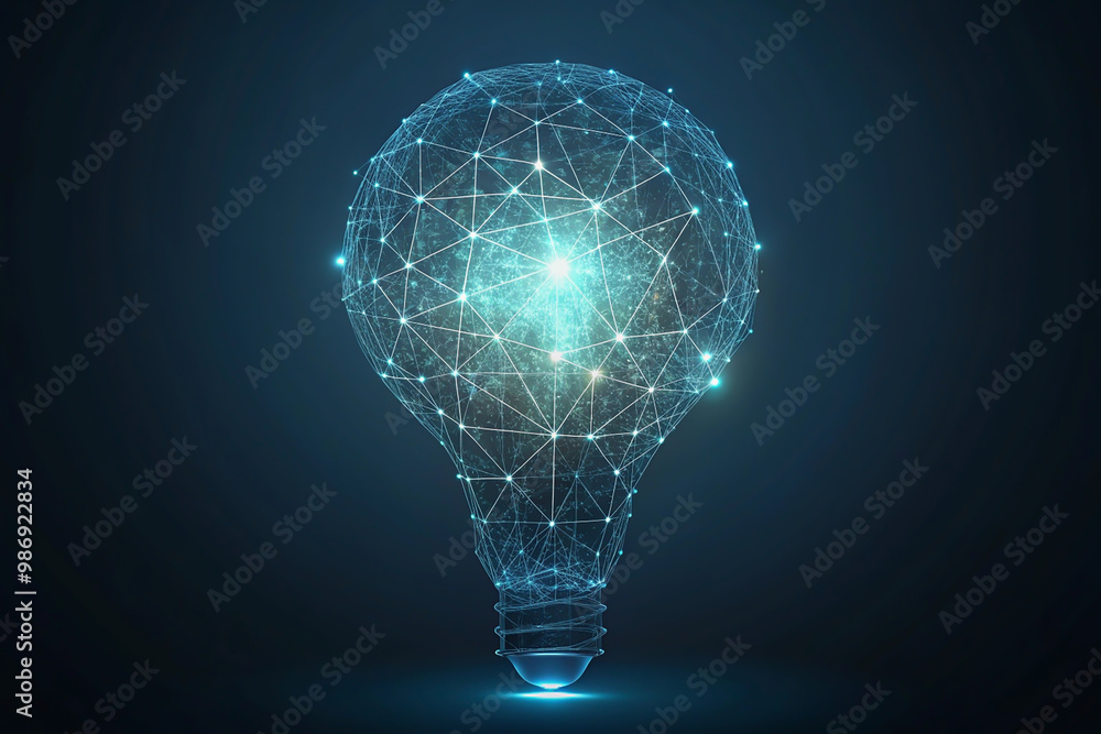 Poster glowing light bulb on a black background representing innovation and creativity , abstract polygonal