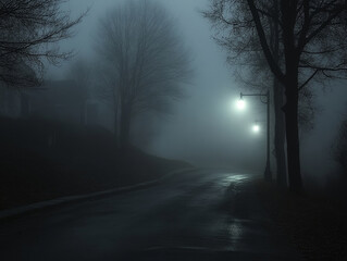 Obraz premium fog covered street in small town creates mysterious atmosphere, with dim streetlights illuminating wet pavement and silhouetted trees