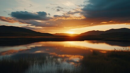 Fototapeta premium Golden Hour Glow: Tranquil Sunset Landscape Illuminated by the Last Light of Day