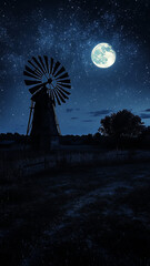 Fototapeta premium serene night scene featuring old windmill silhouetted against starry sky, illuminated by bright full moon. tranquil atmosphere evokes sense of peace and nostalgia