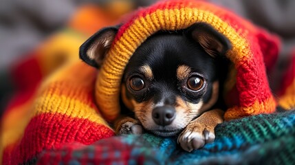 Adorable Chihuahua Puppy Costumed in Cozy Knitted Scarf and Sweater