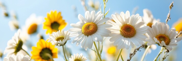 Fototapeta premium A close-up view of yellow and white daisies in full bloom, set against a clear blue sky, capturing their natural beauty.