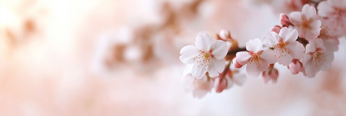 Fototapeta premium Cherry blossoms in delicate pink and white hues on a tree, with a soft background, representing the beauty of spring.