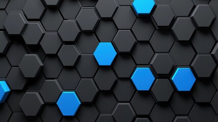 Fototapeta premium Abstract hexagonal pattern with black and blue elements, modern design backdrop.