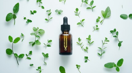 A brown glass dropper bottle surrounded by fresh green leaves on a white background, highlighting natural beauty.
