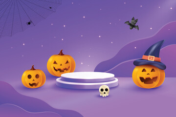 Halloween Festive Sale With Podium On Purple Background. 3D Realistic Spooky Theme Vector Illustration.