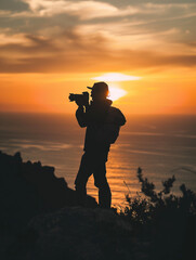 Silhouette of man holding camera during sunset
