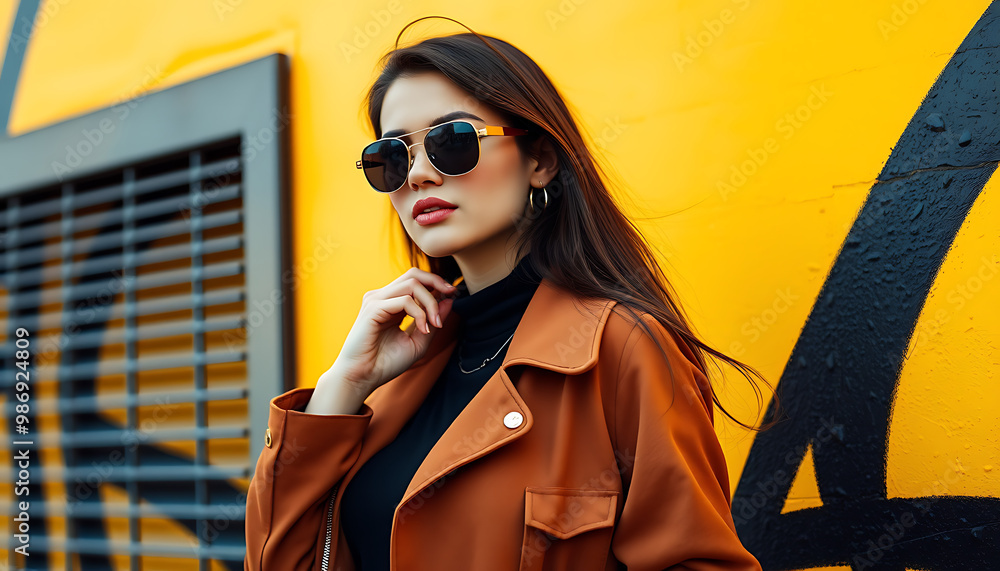 Wall mural urban stylish woman in brown jacket and sunglasses poses confidently against a vibrant yellow wall, 